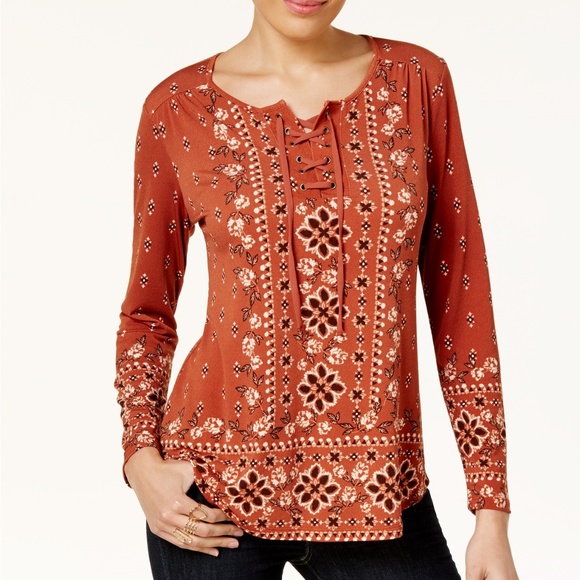 Style & Co. Tops - Style & Co Mixed Print Lace-Up Boho Top